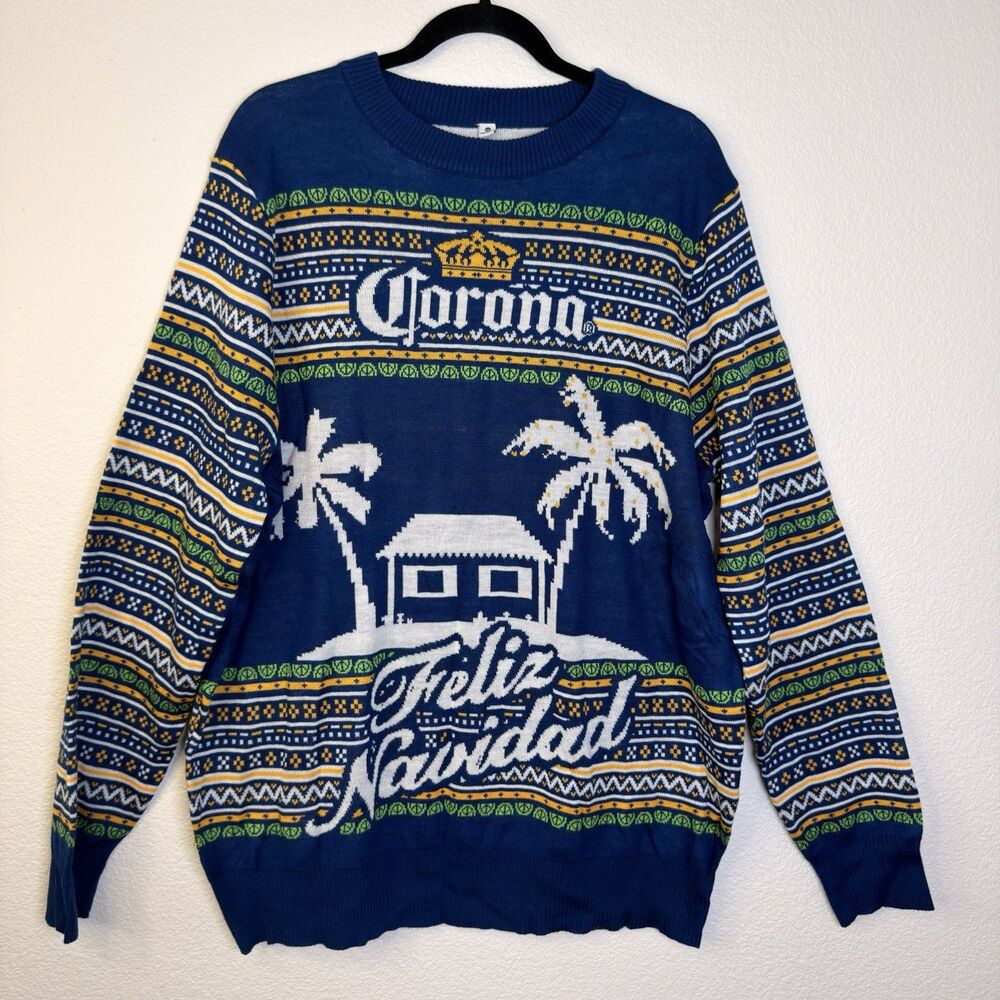 Corona Beer Feliz Navidad Ugly Christmas Sweater Mens XXL 2XL Navy Blue Knit